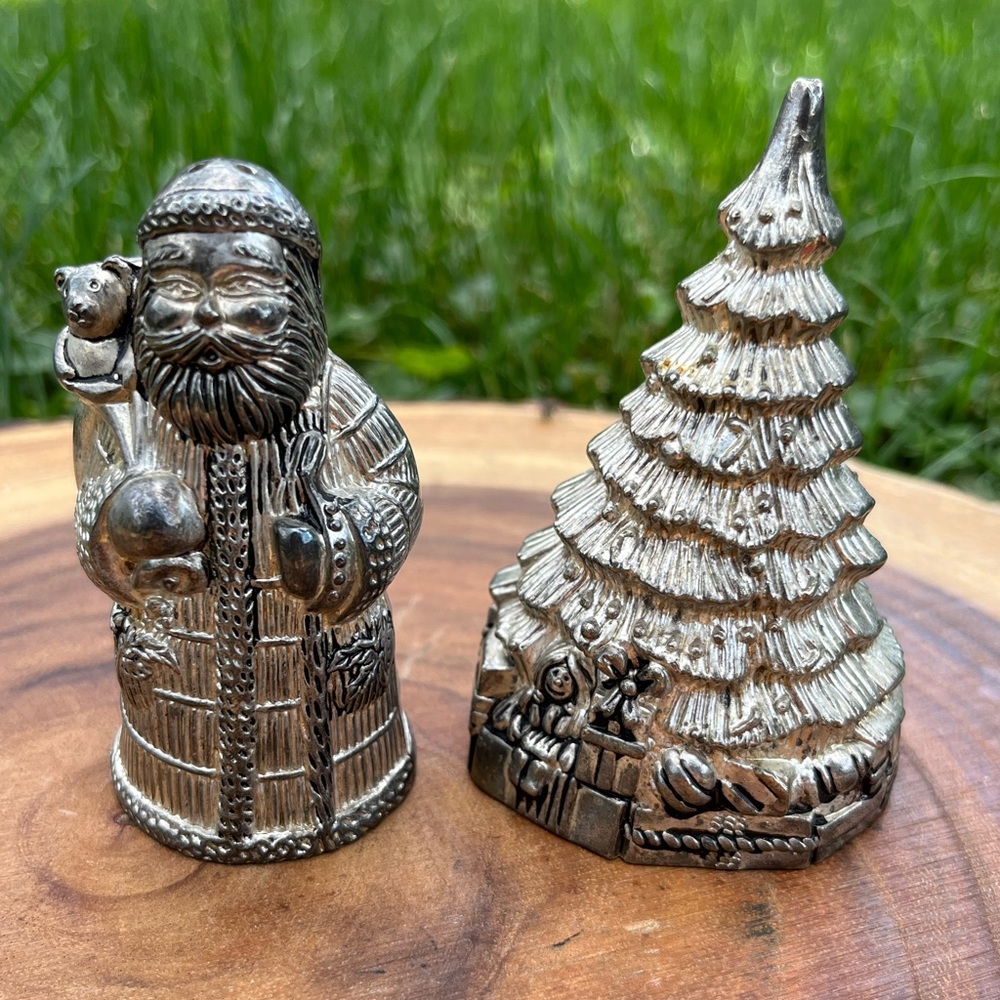 Vintage Pewter Santa and Christmas Tree Salt and Pepper Shakers